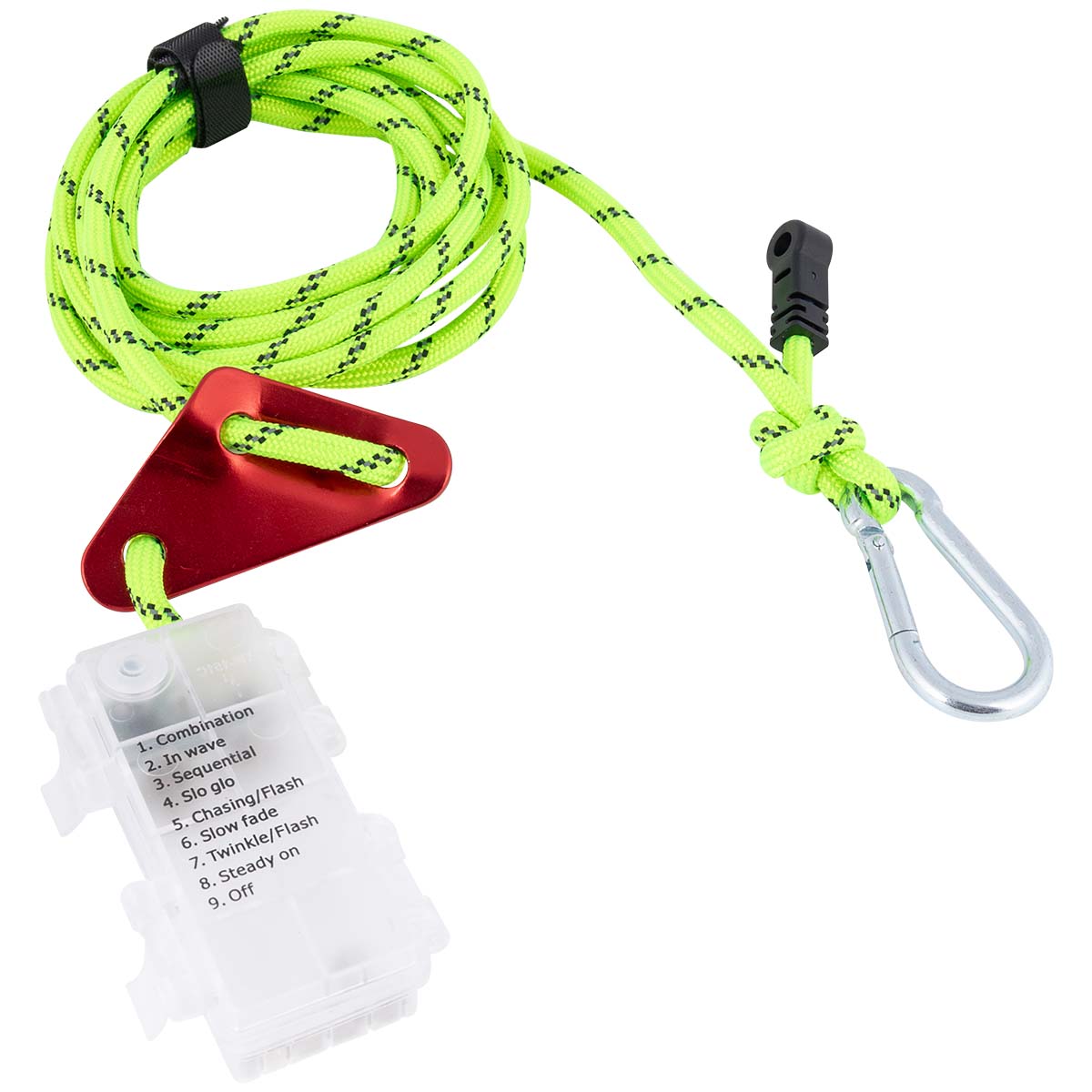 4113100 Een handige en sfeervolle scheerlijn met LED verlichting. Met een lengte van 400 cm is deze scheerlijn ideaal voor het opspannen van je tent, luifel of tarp. Dankzij de 8 verschillende LED-lichtstanden kun je zelf de sfeer en helderheid bepalen, van zacht sfeervol licht tot fel functioneel licht. De scheerlijn is voorzien van een handige carabijnhaak, waardoor ophangen en verstellen eenvoudig en snel gaat. Werkt op 2 AA-batterijen (niet inbegrepen), zodat je hem overal kunt gebruiken zonder afhankelijk te zijn van stopcontacten.