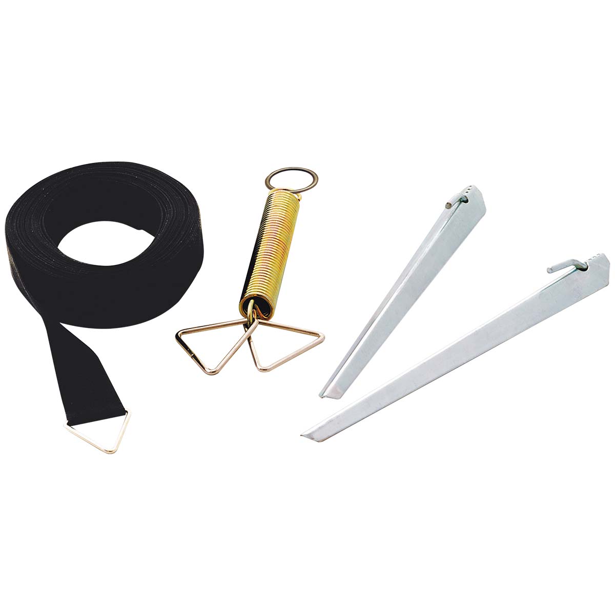 4163751 A universally applicable storm anchor set. Can be pulled over the full awning or (front) tent. Set consisting of 1x nylon storm anchor of 13 meters, 1x spring and 2 storm pegs.