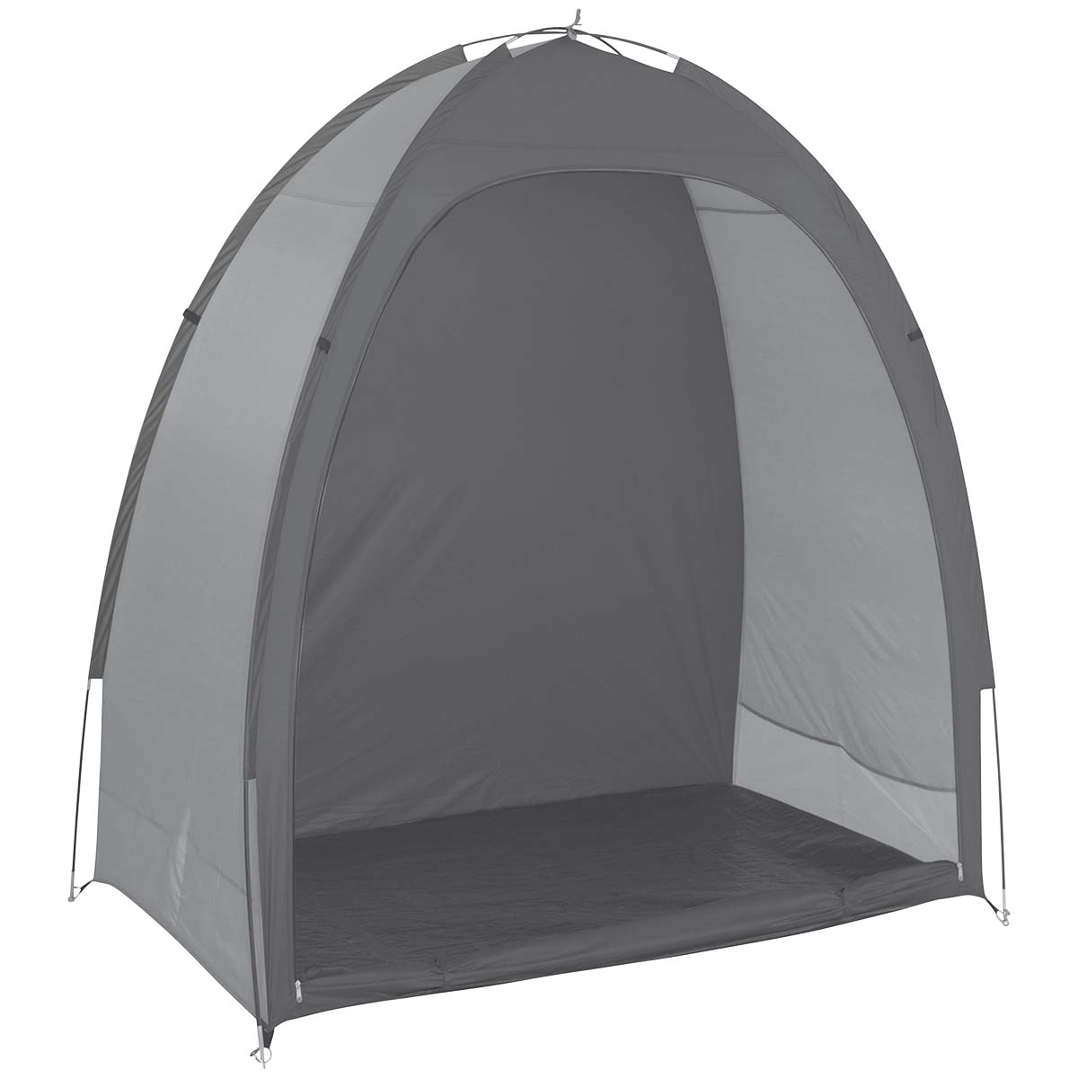 4471900 A compact storage tent. Ideal for storing bicycles and/or storing stuff. A multifunctional tent that is compact to carry and easy to set-up. This storage tent is made from sturdy polyester with a waterproof PU coating (water column of 1000 mm) and a water proof ground sail (water column of 600 mm). The tent poles are crossed for extra stability and made from 8.5 mm fibre glass and the roof has taped seams. The tent comes complete with guy ropes, pegs and a transport cover.