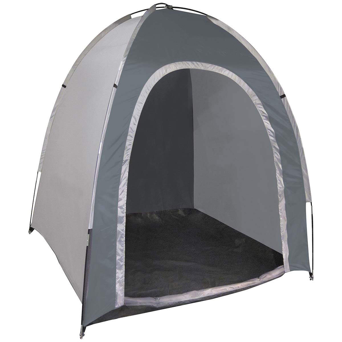 4471920 Een ruime opbergtent. Ideaal voor het stallen van fietsen, opbergen van spullen, als omkleedtent of als kooktent. Een multifunctionele tent die compact is mee te nemen en makkelijk is op te zetten. Deze opbergtent is gemaakt van stevig polyester met een waterdichte PU coating (waterkolom van 1000 mm) en een waterdicht grondzeil (waterkolom van 6000 mm). De tent is afsluitbaar. De tentstokken zijn van 8,5 mm fiberglas en het dak is voorzien van getapete naden. De tent wordt compleet geleverd met scheerlijnen, haringen en transporthoes.