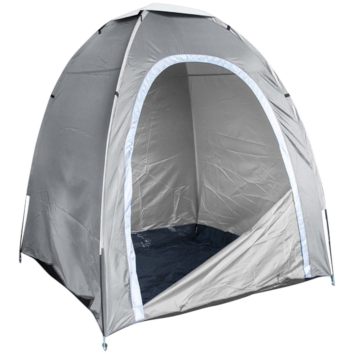 4471925 A solid, very compact and easy to set up storage tent. Made of sturdy 150D polyester with waterproof PU and UV coating. Lockable with a zipper door and with ventilation mesh in the roof. Ideal for bicycles, (camping) articles, as a changing tent, cooking tent or toilet area. Supplied with transport cover, guy ropes, stronger pegs.