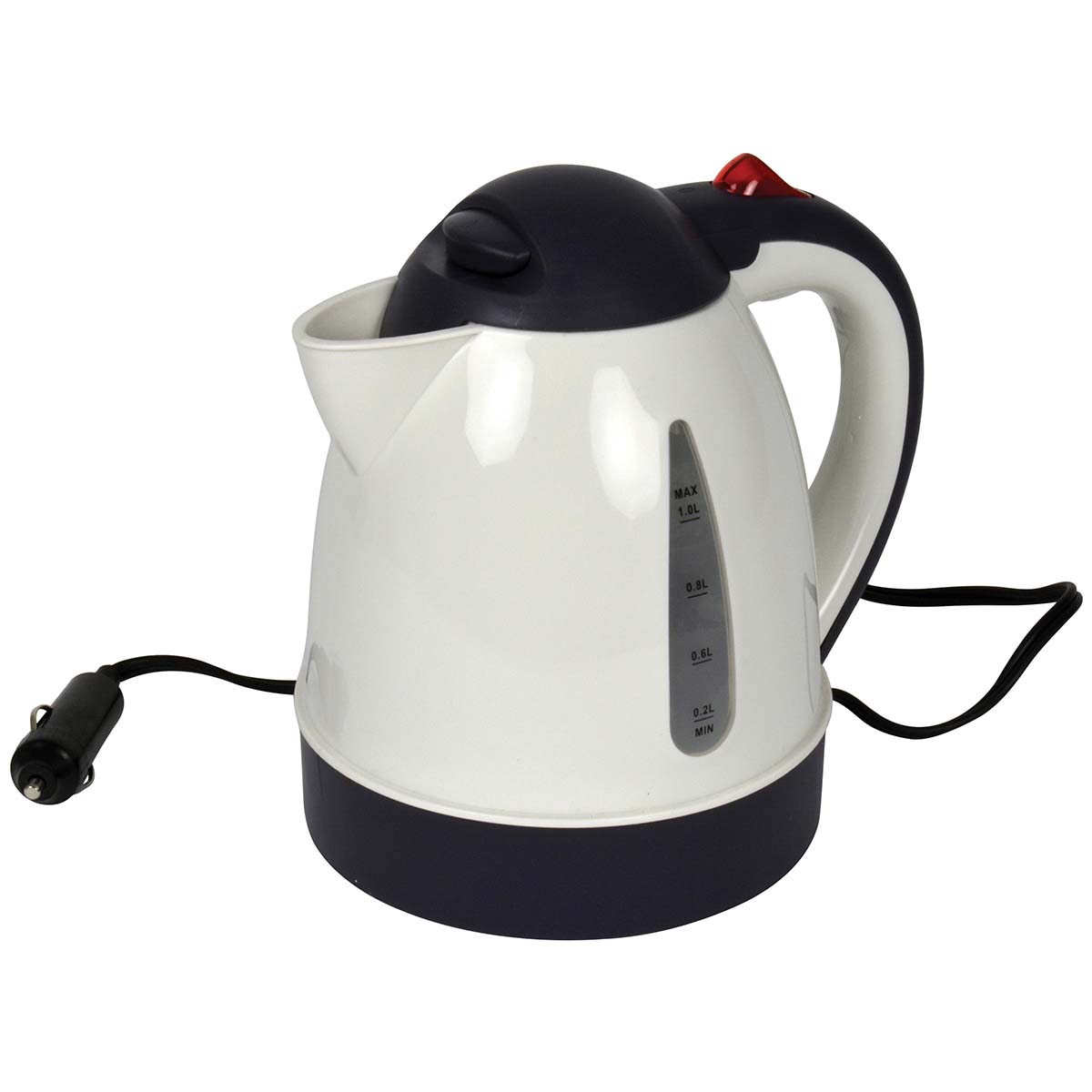 5110175 A compact kettle. Ideal for in the car, boat or caravan due to the fused 12-volt car connection. The kettle has an automatic shut-off and boil-dry protection.