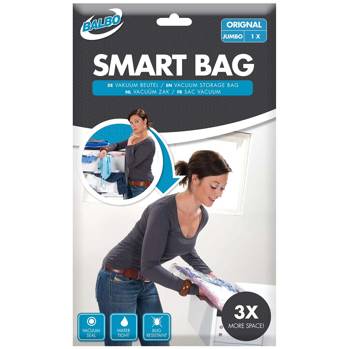 5207873 Save up to 3x more space with the handy Balbo Smart Bag vacuum bag. This air-tight bag makes sure that clothing or other articles are packed compactly and effectively. Ideal for use on the road, but also for storing stuff in cabinets, drawers or other small storage spaces The Balbo Smart bag is easy to vacuum with a vacuum cleaner or pump. The Smart bags also protect your clothing from dirt, dust and insects.