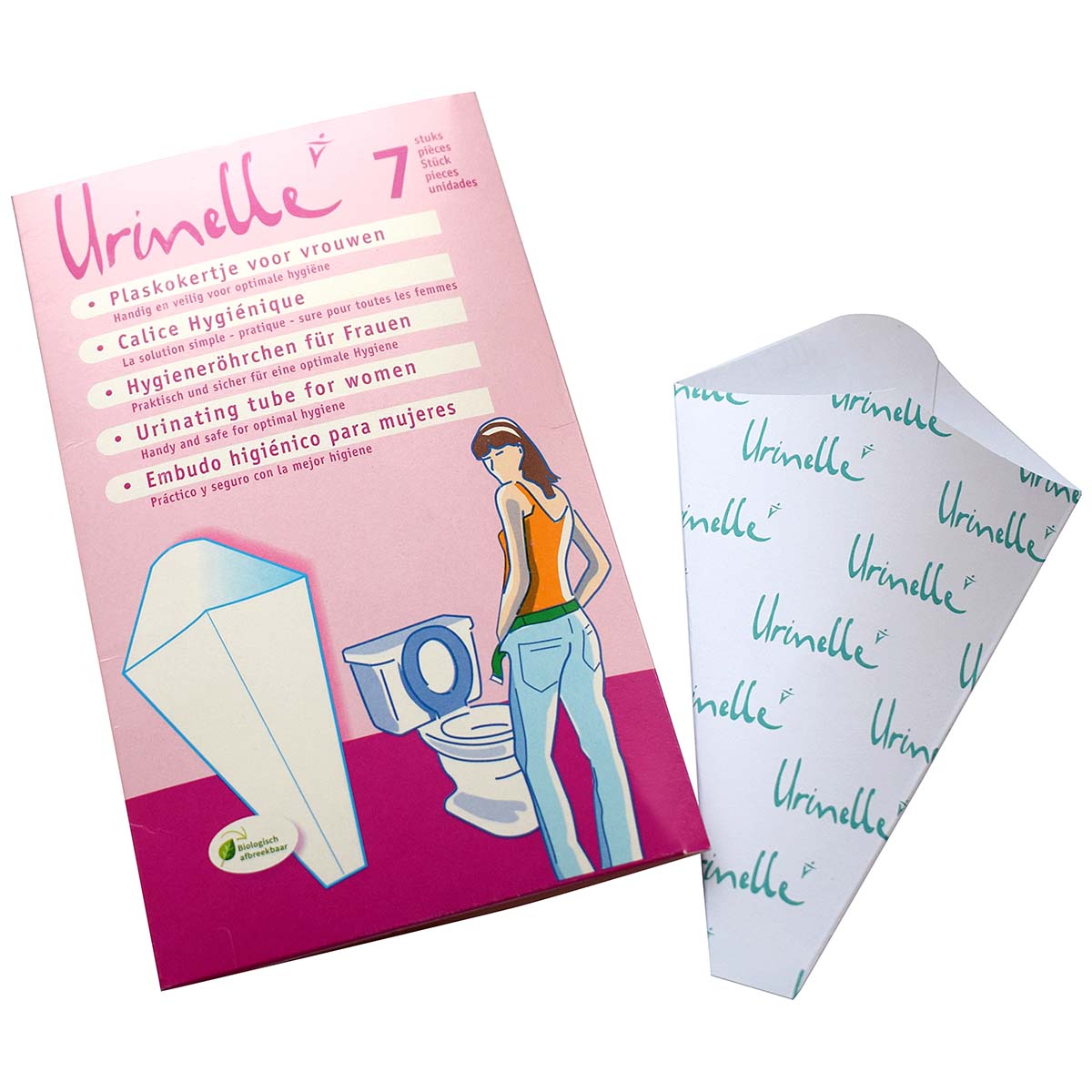 5232900 A Urinille pee tube. Makes it possible for ladies to urinate hygienically while standing This is among other useful for outdoors where hygiene is often lacking, the Urinelle also protects the bladder against irritations. The pee tube is compactly packed and therefore easy to carry. Urinelle is made from natural resources and 100% biologically degradable. Available in a packaging of 7 pieces or per piece in a display of 60 pieces.