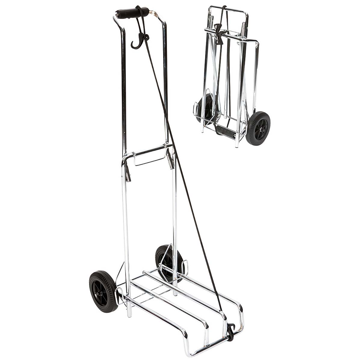 5267279 Een stevige inklapbare trolley. Deze bagagetrolley beschikt over extra grote wielen (Ø 14,5 centimeter) waardoor deze ook op een ongelijke ondergrond goed functioneert. Ideaal voor het vervoeren van diverse artikelen als tassen, een vuilwatertank, een jerrycan, vouwkratten etc. Na gebruik is de trolley eenvoudig en compact op te bergen. Het maximaal draaggewicht bedraagt 40 kilogram. Inclusief elastische spin. Ingeklapt (lxbxh): 57x35x16 centimeter.