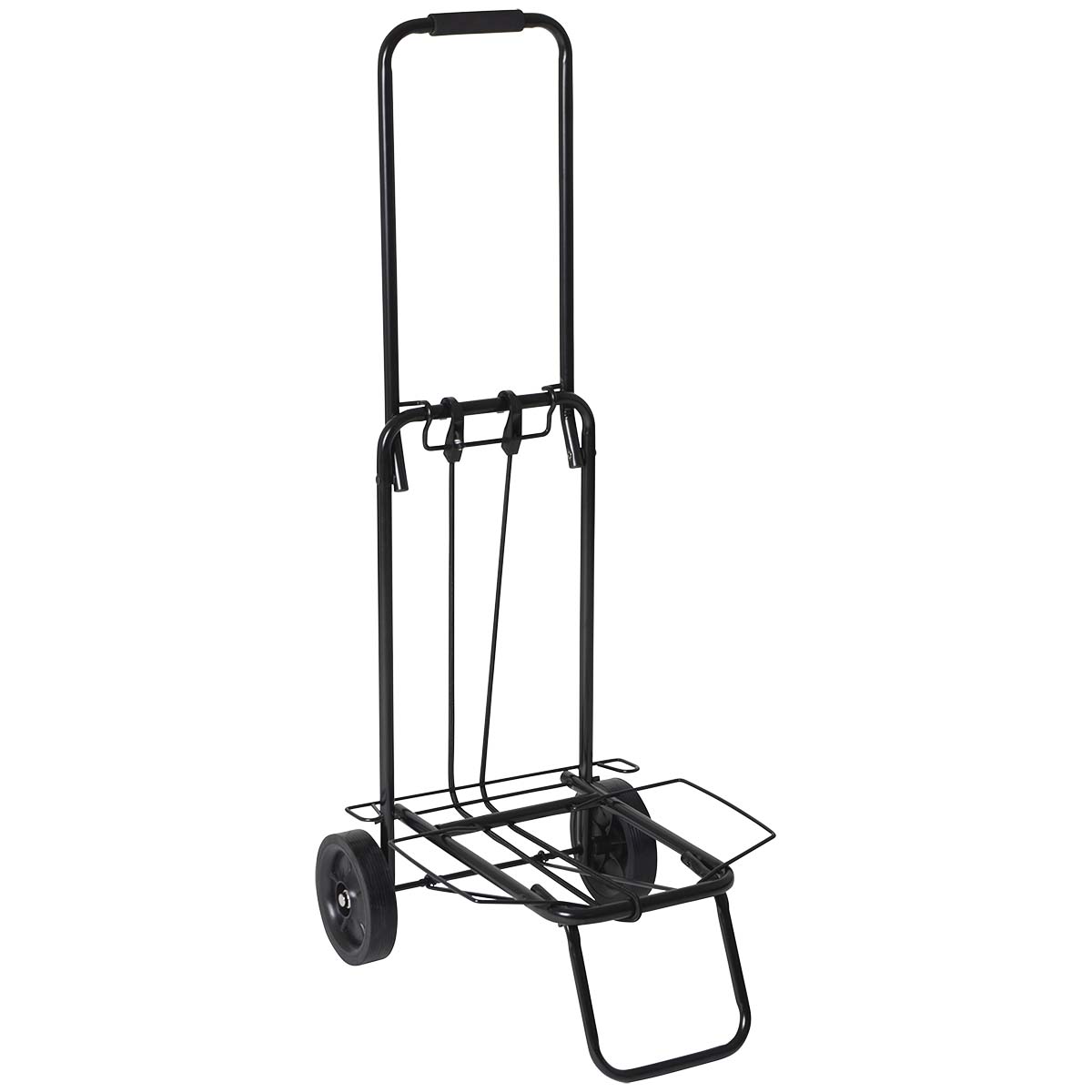 5267281 Een inklapbare trolley. Deze bagagetrolley beschikt over extra grote wielen (Ø 14 centimeter) waardoor deze ook op een ongelijke ondergrond goed functioneert. Ideaal voor het vervoeren van diverse artikelen als tassen, een vuilwatertank, een jerrycan, vouwkratten etc. Na gebruik is de trolley eenvoudig op te bergen en compact op te bergen door de inklapbare trede, handvat en steunen. Het maximaal draaggewicht bedraagt 35 kilogram. Inclusief elastische spin. Ingeklapt (lxbxh): 74x48x14 centimeter.