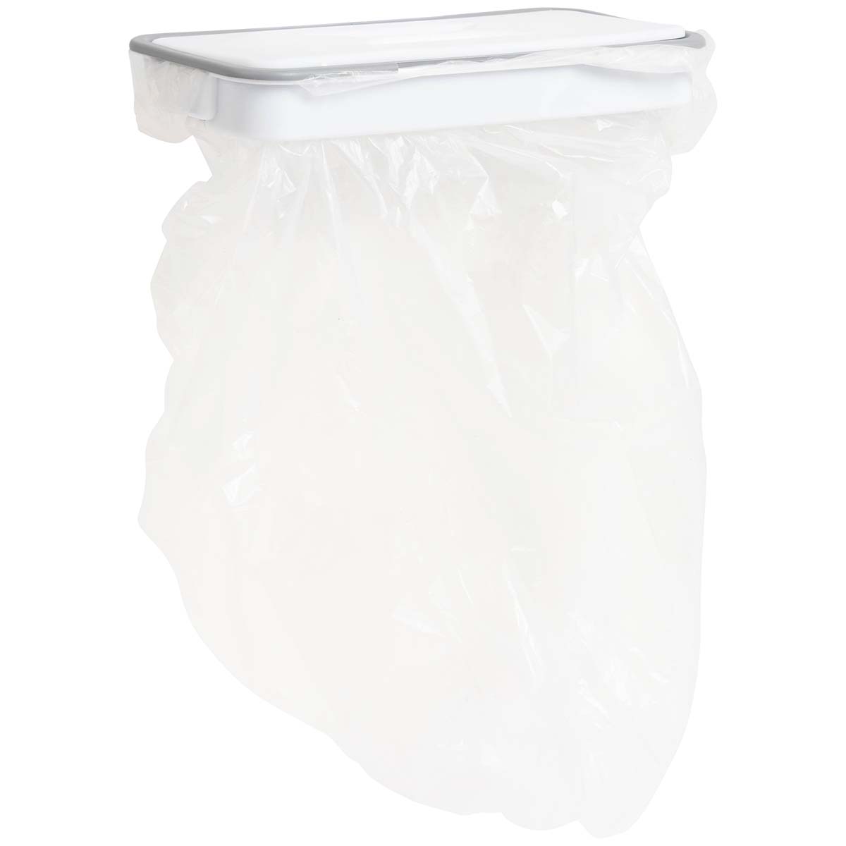 5329975 Een handige afvalzakhouder. Perfect om snel en eenvoudig een vuilniszak op te hangen aan een keukenkastje, wand of deur geheel zonder boren of schroeven. De houder houdt de afvalzak netjes op zijn plaats en zorgt voor overzicht in keuken, badkamer of werkruimte.