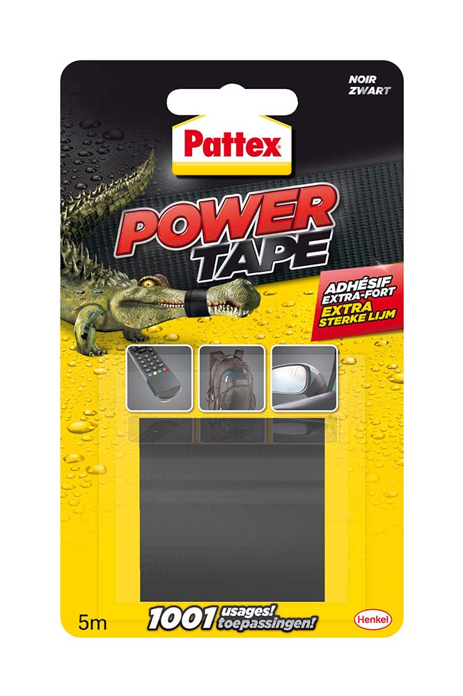 5712168 Universally usable tape. Pattex Power tape for when it really needs to be stuck. The tape is suitable for 1001 applications indoors and outdoors and is also extremely strong and water and air pressure resistant. No scissors needed, Pattex Power Tape can be torn with the hand.