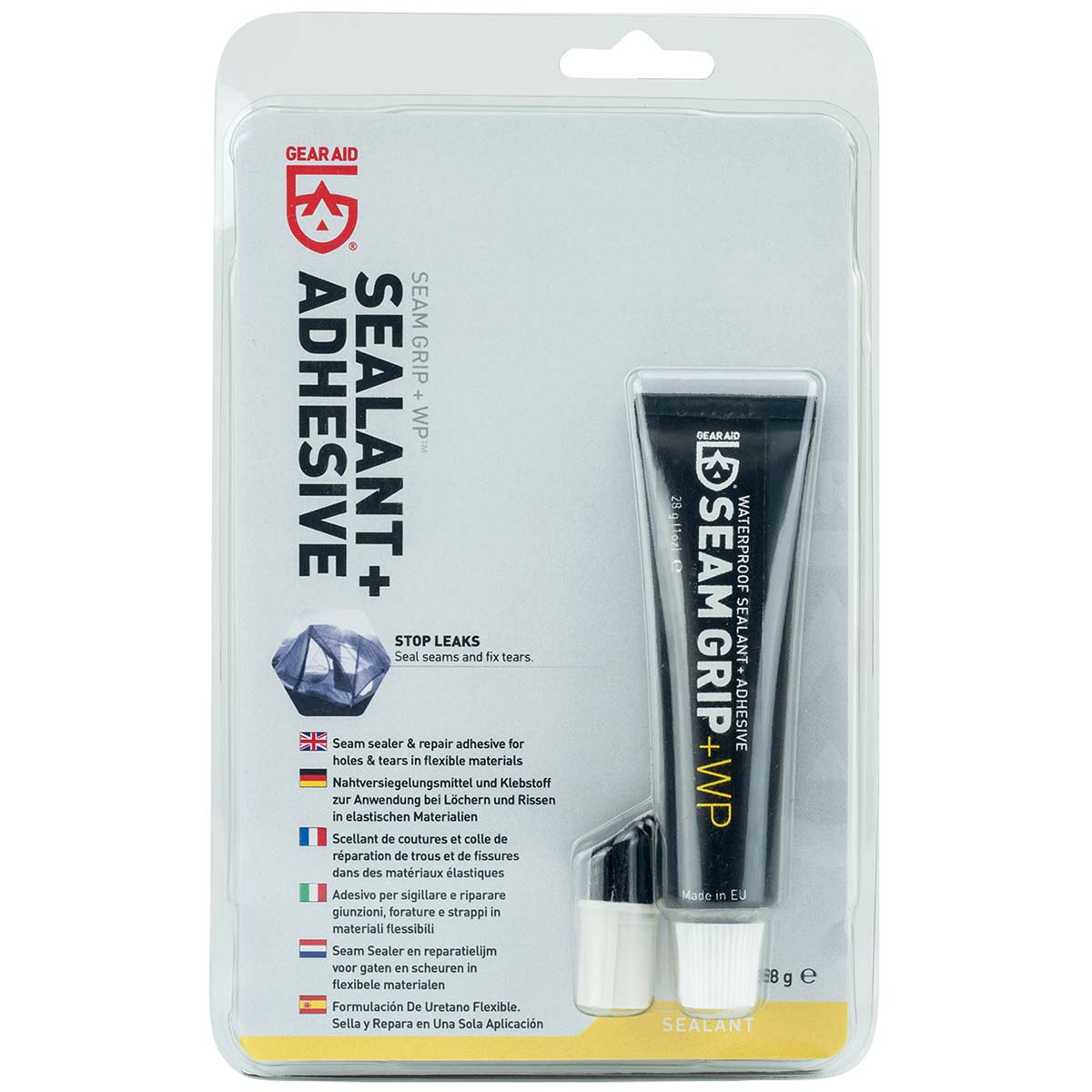 5713000 A multifunctional repair product. A Seamgrip tube contains a universal repair vulcanizing agent. This makes holes easy to fill and seams and cracks easy to seal. Sticks to almost all materials. Ideal for repairing inflatable beds, inflatable mats, tents, ground sheets and tarpaulins, chairs, bags, rain coats, footwear, bicycle tires and boats. Repairs are flexible, durable, almost invisible and leave no residue. Contains a tube with brush head and an extra brush to easily apply the agent.