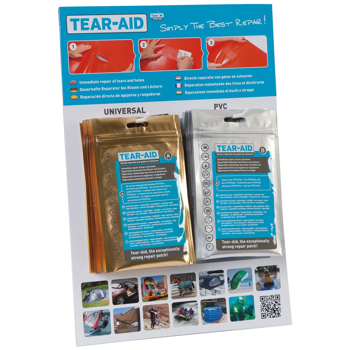 5714020 Ein Aufsteller mit 20 Tear-Aid-Reparatursets. Dieser Aufsteller besteht aus 10 Tear-Aids Typ A und 10 Tear-Aids Typ B. Preis pro Aufsteller, Preisempfehlung pro Stück.