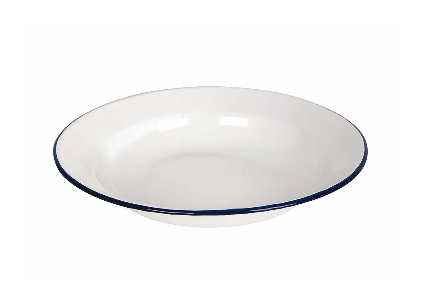 6101525 Un plato esmaltado profundo. Esta resistente placa de acero tiene una capa de esmalte, esta capa dura garantiza una higiene adicional y la robustez de la placa. El esmalte también es inflamable y duradero. El plato está decorado con un borde azul.
