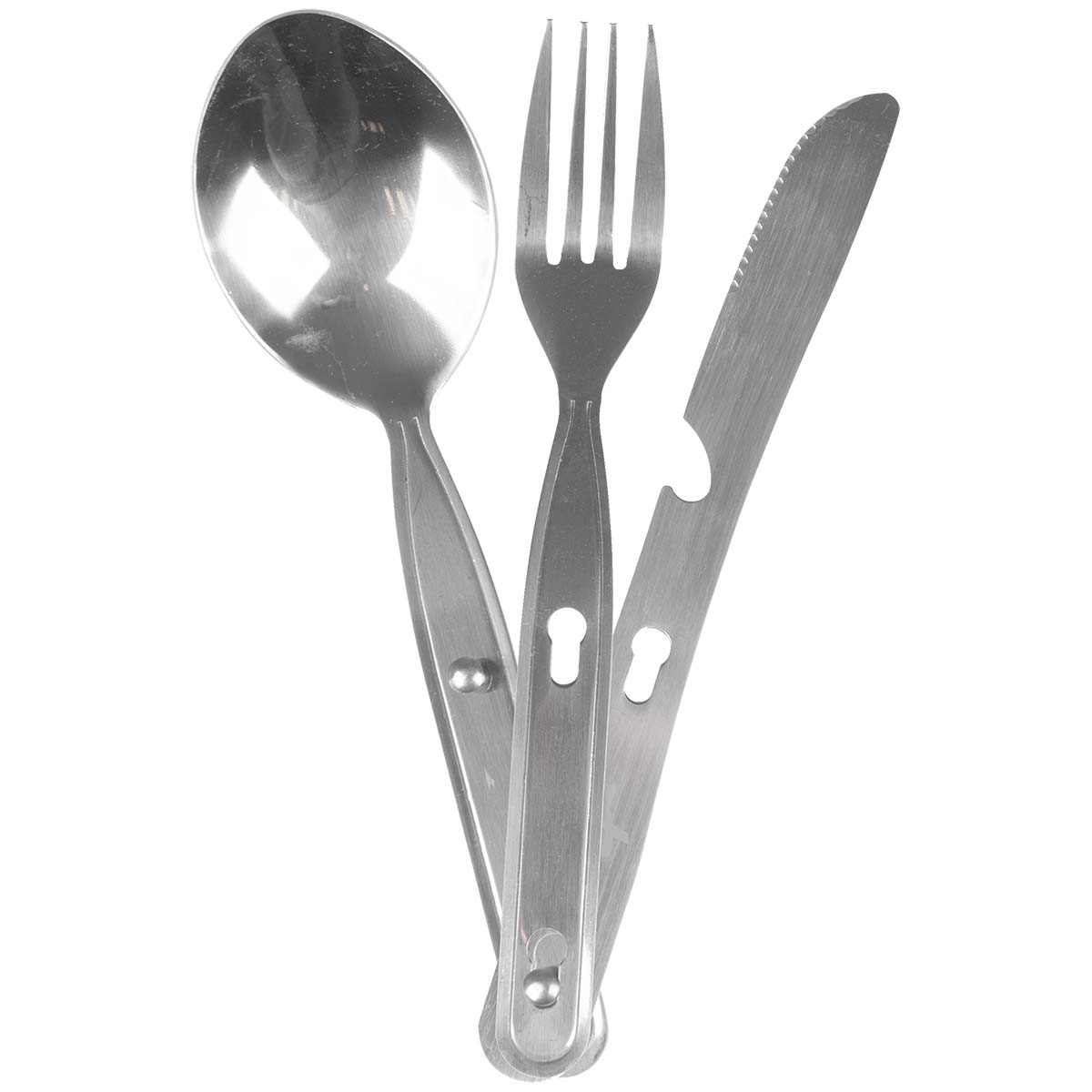 6102100 A 3-part cutlery set. The ideal 1-person cutlery set to take on a trip. This set includes a knife, fork and spoon, where a notch in the knife also serves as a bottle opener. Made of stainless steel, which makes for a long product life. The 3 parts are held together by means of a slide pin. Supplied in a convenient case.