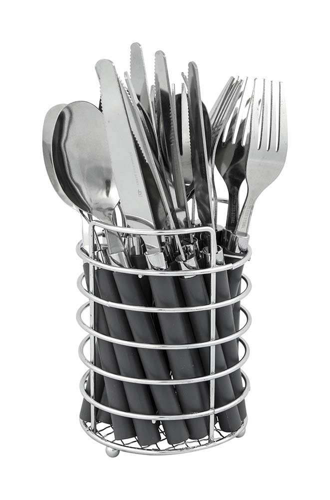 6102102 A sturdy, 24-piece cutlery set in a basket. This practical set is suitable for 6 people and consists of 6 knives, 6 forks, 6 spoons and 6 small (tea) spoons. Made of stainless steel with a plastic handle, which gives the set a long product life.