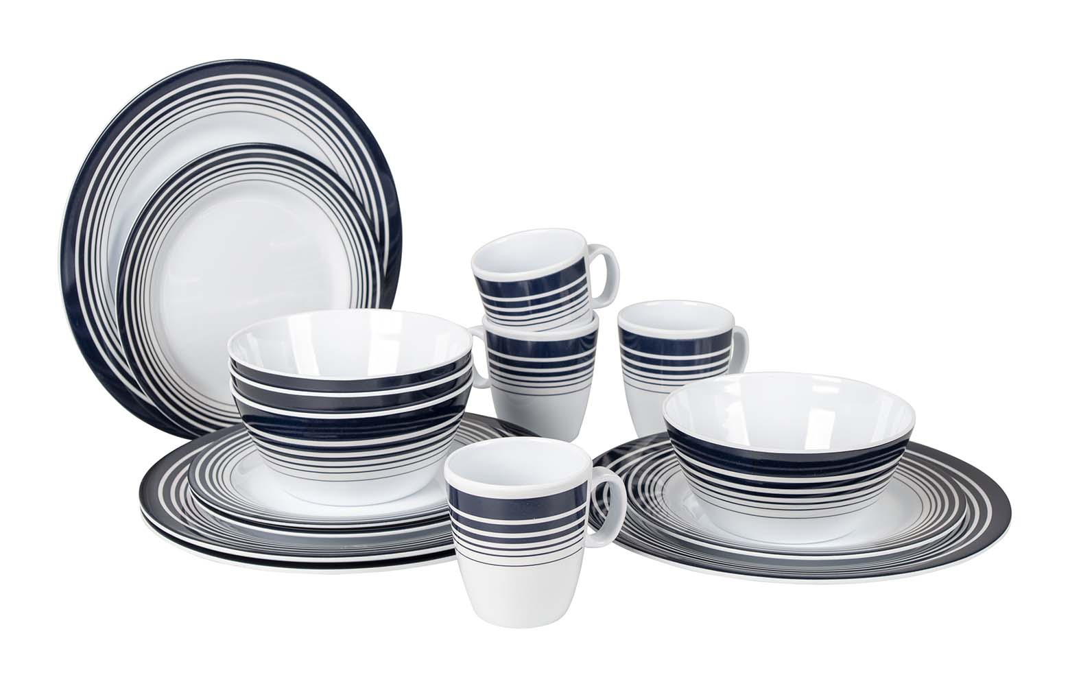 6181079 A 16-piece tableware set made of 100% melamine. This high-quality melamine soup bowl is virtually unbreakable and very light in weight. The cup is also scratch resistant and dishwasher safe. This stylish set is suitable for 4 people and consists of 4 plates, 4 breakfast plates, 4 bowls and 4 mugs.