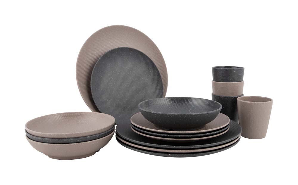 6181377 A stylisch tableware set from the Urban Outdoor collection. In addition to the rugged design, the dinnerware is very light and sturdy. The mix of beige & grey makes the dinnerware set fun to mix. The dinnerware is great to use on the campsite, as it is virtually unbreakable and scratch resistant. In addition, the tableware is also excellent for use at home and in the garden!  The 16-piece set is made of high quality 100% melamine, dishwasher safe and food approved. This stylish set is suitable for 4 people and consists 4 dinner plates, 4 breakfast plates, 4 bowls and 4 mugs. Dimensions: Ø Plate: 26.5 cm. Ø Plate: 21 cm. Ø Bowl: Ø 17.5 cm and 580 ml. Mug: Ø 8 cm and 280 ml.