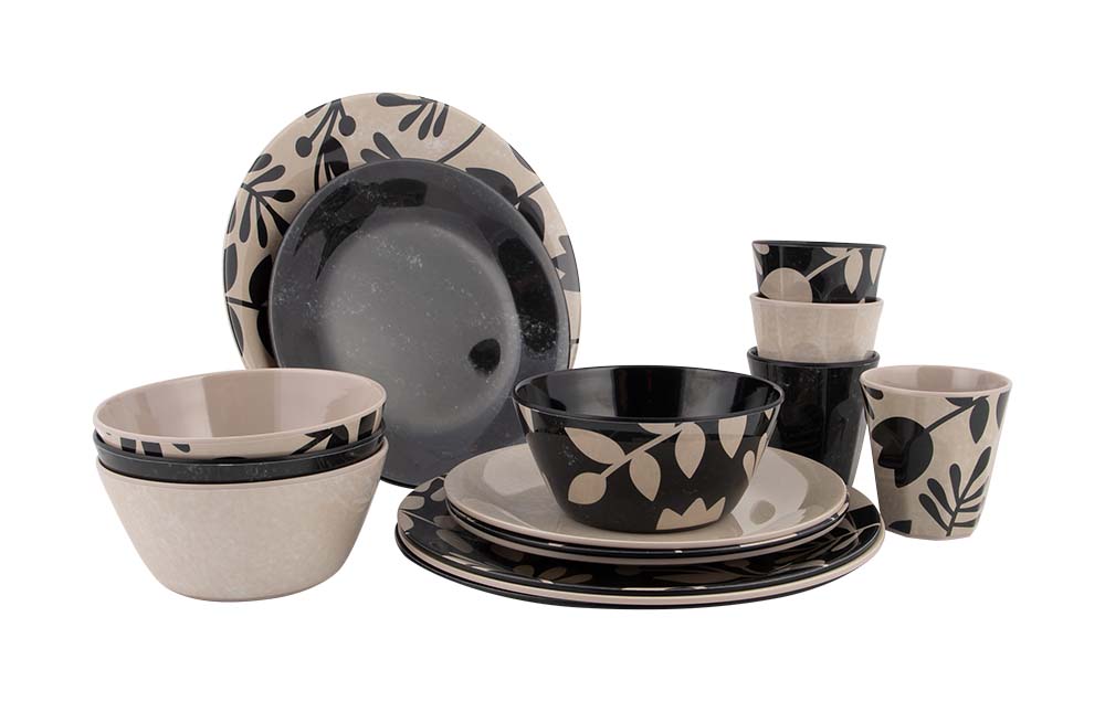 6181381 "A luxurious and trendy 16-piece dinnerware set made of 100% melamine in ''mix and match'' style. The melamine dinnerware is virtually unbreakable and very lightweight. In addition, the tableware is scratch-resistant and dishwasher safe. This stylish set is suitable for 4 persons and consists of 4 breakfast plates, 4 dinner plates and 4 bowls and 4 mugs. Dimensions and contents: Ø Plate: 25.8 cm. Ø Plate: 21.5 cm. Ø Bowl: 700 ml. Ø Mug: 250 ml."