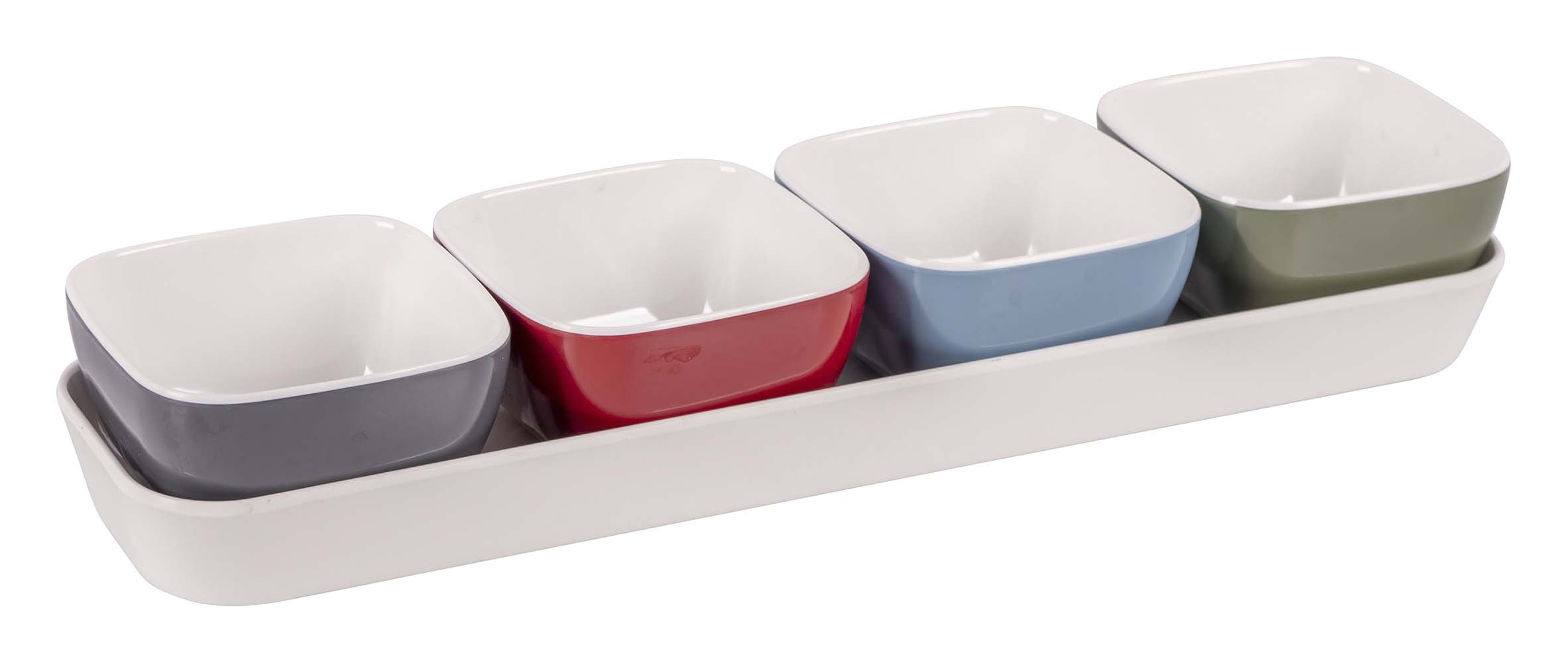 6181410 A handy snack set to present snacks in a stylish way. The set consists of 5 parts. The snack set is almost unbreakable and very lightweight. In addition, it is scratch resistant and dishwasher safe.