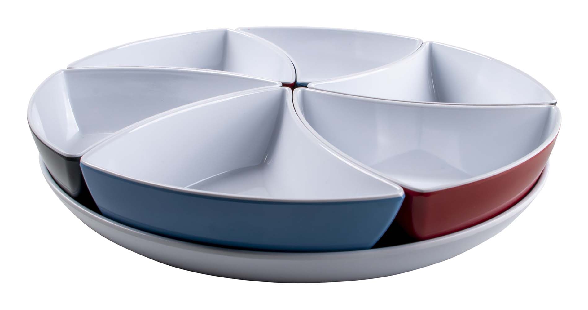 6181413 A handy 7-piece melamine snack set to present snacks in a stylish way. By removing the bowls you can also use them as a serving tray. The snack set is virtually unbreakable and very lightweight. Scratch resistant, dishwasher safe and food approved.