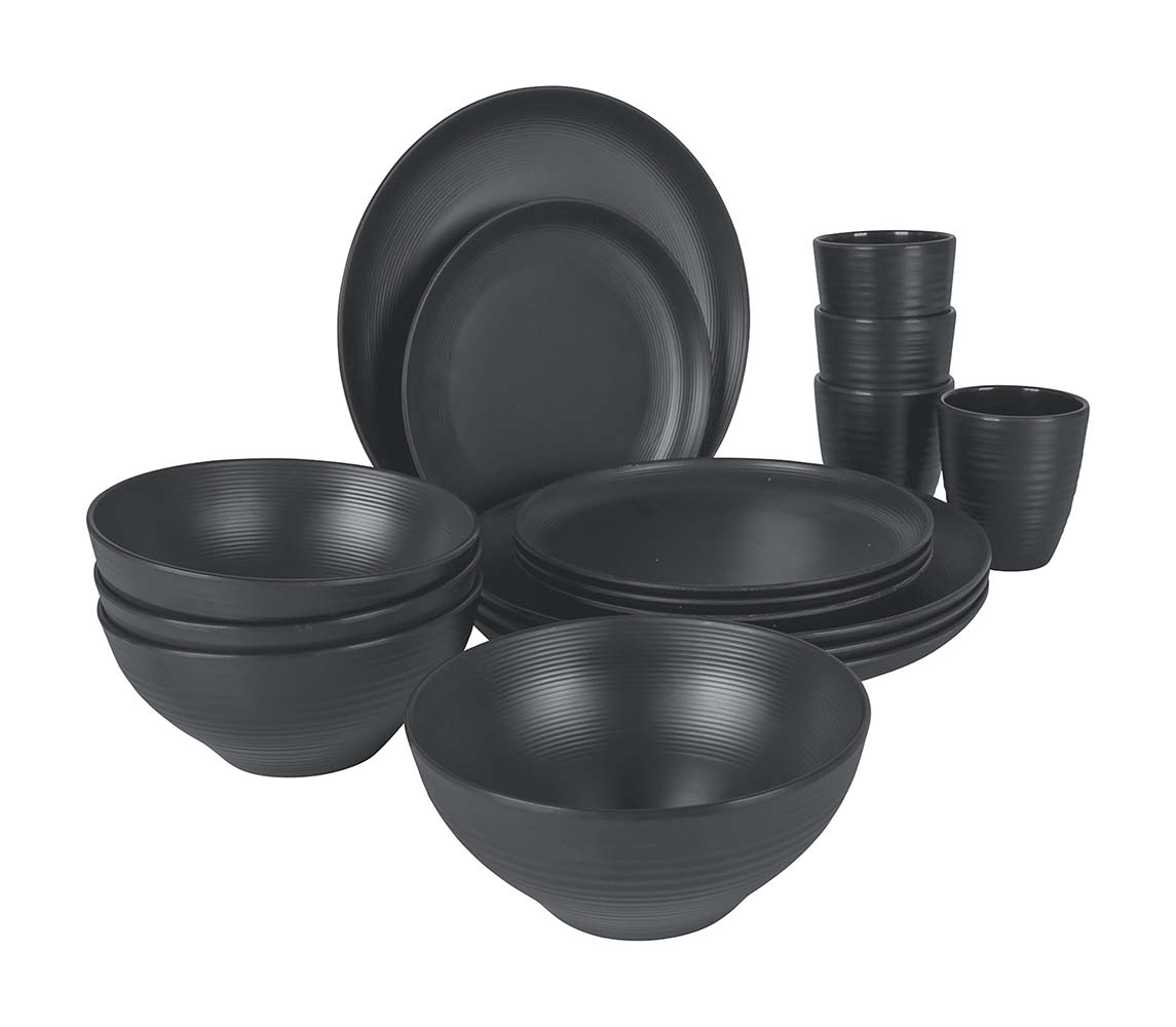 6181464 This Industrial Orville dinnerware set has a rugged look. The dinnerware has a tough look. Besides the beautiful design, the dinnerware is very light and sturdy. The dinnerware is good to use on the campsite, as it is virtually unbreakable, shatterproof and scratch-resistant. The dinnerware can also be used perfectly at home. The 16-piece set is made of high quality 100% melamine and is dishwasher safe and food approved. This stylish set is suitable for 4 people and includes 4 dinner plates, 4 breakfast plates, 4 bowls and 4 mugs. Dimensions: Ø Plate: 26 cm. Ø Plate: 20 cm. Ø Bowl: 15 cm. Ø Mug: 8x10 cm. Content Bowl: 650 ml. Content Mug: 300 ml.