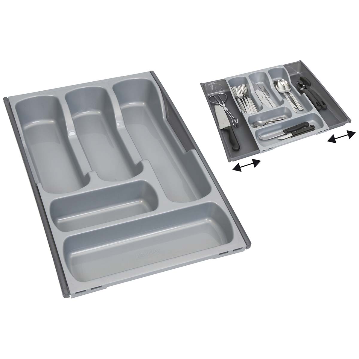 6302102 A very practical 7-compartment cutlery tray. This cutlery tray can be adjusted to the space by sliding the sides in and out. By sliding out the sides of this 5-compartment cutlery tray outward, 2 additional compartments are created. Ideal to store items compactly.