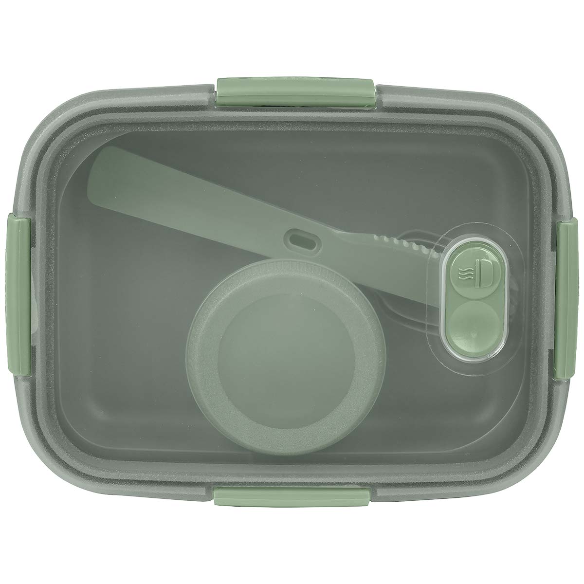 6302234 Lid with 4 sturdy clips and a flexible seal to keep the contents fresh and prevent leaks. Includes a tray, sauce cup (0.8L), and a cutlery set with a fork, knife, and spoon. Steam valve on the lid for easy use in the microwave. Made of 100% recycled polypropylene.