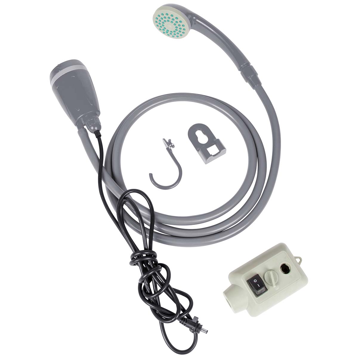 6603520 Een handige douche met oplaadbare dompelpomp. De slang is voorzien van een sproei kop en is 1,8 meter lang. De slang is op te hangen aan de haak. Wordt geleverd met USB kabel om de pomp op te laden.