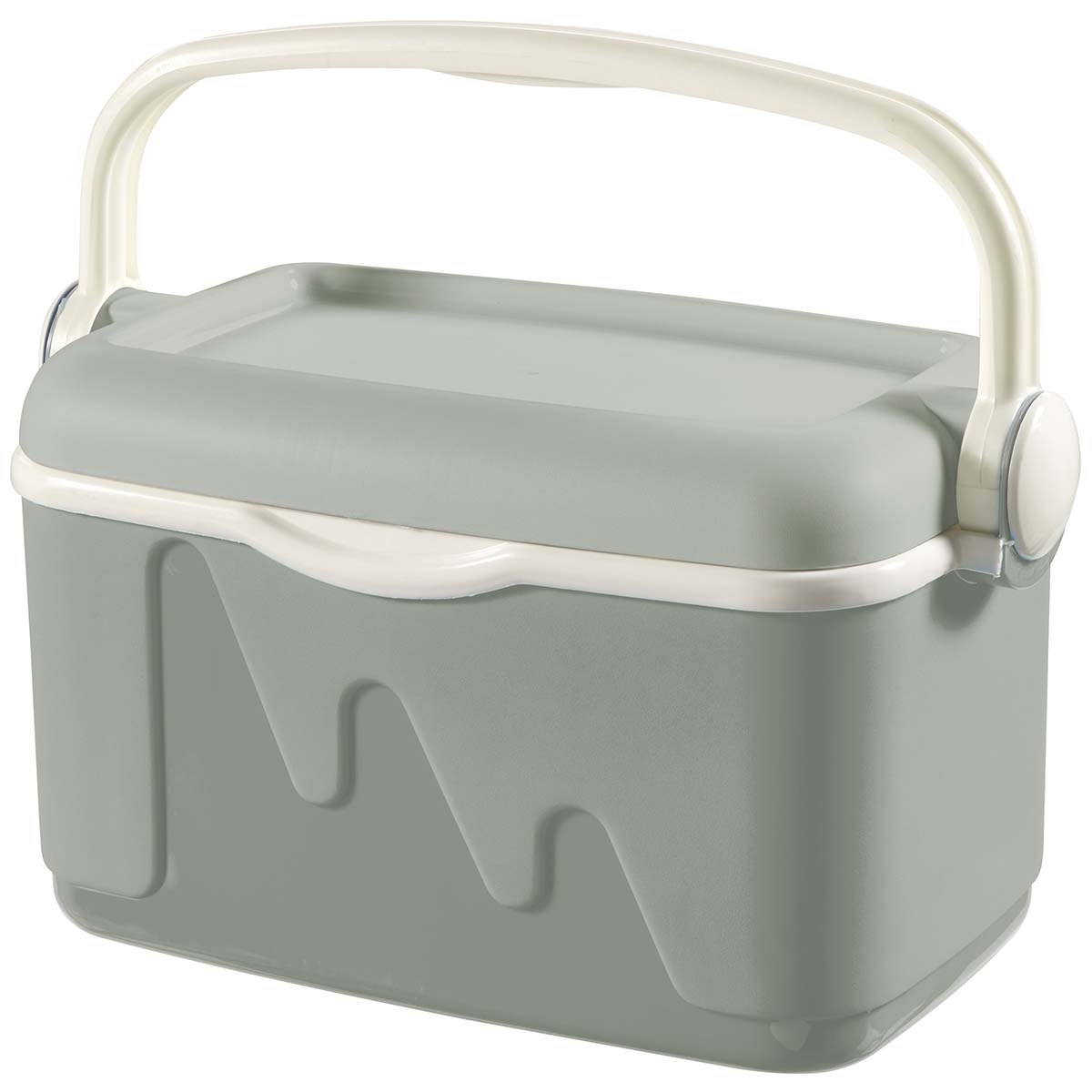 6702100 A double-walled cooler box with an insulating layer. The lid is secured by lowering the handle. The cooler box is made of high quality plastic. In addition, the cooler box is strong enough to sit on.