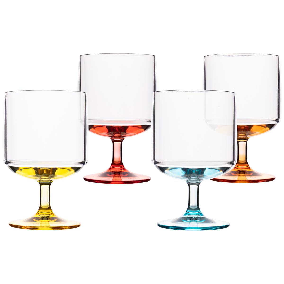 6910195 Kleurrijke wijnglazen in verschillende regenboogkleuren uit de Colour line collectie. Vrijwel onbreekbaar door hoogwaardig MS materiaal. Bestaat uit een set van 4 stuks. Zeer gemakkelijk te reinigen en langdurig te gebruiken, wat het glas erg duurzaam maakt. Daarnaast is het wijnglas erg lichtgewicht en krasbestendig. Inhoud: 285 ml.