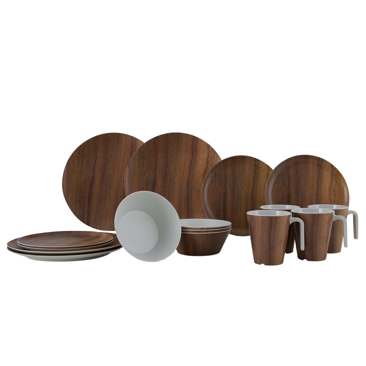 6913100 A stylish wood-colored tableware set from the Nature line collection. 100% high quality melamine, virtually unbreakable and scratch resistant. The set consists of 16 pieces. The tableware is soundproof and hygienic due to the replaceable non-slip solution. In addition, the tableware set comes with a handy and luxurious dust bag. Ideal for camping, at home or on the boat. Moreover, the dinnerware is lightweight, suitable for the dishwasher and food approved. Dimensions: Dinner plate Ø 25 cm, breakfast plate Ø 20.5 cm, bowl Ø 14 cm, mug 350 ml.