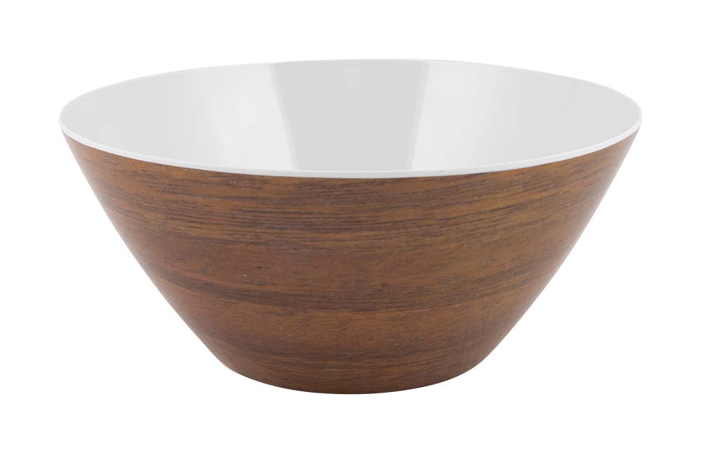 6913110 A wood-colored salad bowl from the Nature line collection. 100% high quality melamine, virtually unbreakable and scratch resistant. The tableware is soundproof and hygienic due to the replaceable non-slip solution. In addition, the salad bowl is lightweight, dishwasher safe and food approved. Size: Ø 28x12 cm.