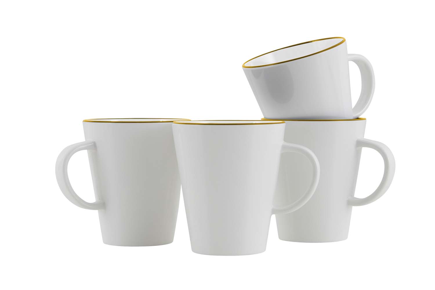 6915122 A stylish mug with a gold detail from the Linea line collection. 100% high quality melamine, virtually unbreakable and scratch resistant. Consists of a set of 4 pieces. The mug is soundproof and hygienic due to the replaceable non-slip solution. Moreover, the mug is lightweight, dishwasher safe and food approved. Capacity: 350 ml.