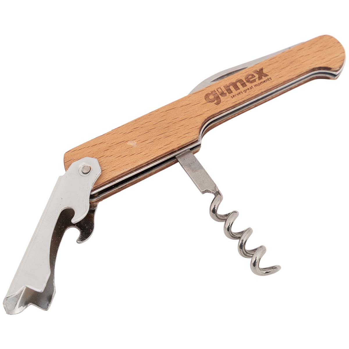 6915215 Een wijopener van RVS met een houten heft. De opener is voorzien van een flesopener, kurkentrekker en een mes.