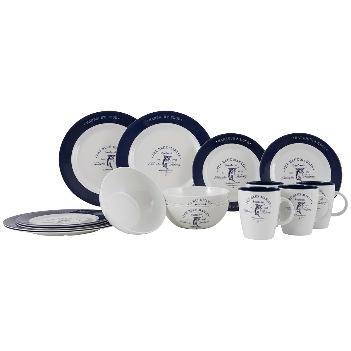 6916100 Een stijlvolle blauw/witte serviesset uit de Marine line collectie. 100% melamine van hoge kwaliteit, vrijwel onbreekbaar en kraswerend. De set bestaat uit 16 delen. Het servies is geluiddempend en hygienisch door de vervangbare antislip oplossing. Ideaal voor op de camping, thuis of voor op de boot. Bovendien is het servies lichtgewicht, geschikt voor in de vaatwasser en food approved. Afmetingen: Dinerbord Ø 25,5 cm, ontbijtbord Ø 20,5 cm, kom Ø 15,5 cm, mok 350 ml.