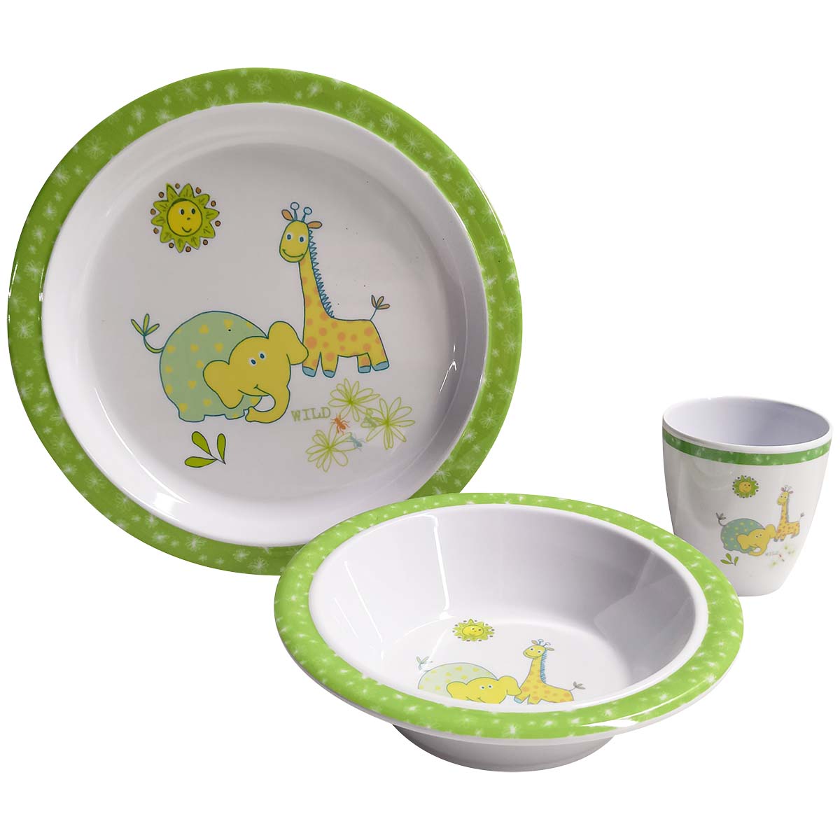 6918100 Een stijlvolle serviesset met natuurprint uit de Kids line collectie. 100% melamine van hoge kwaliteit, vrijwel onbreekbaar en kraswerend. De set bestaat uit 3 delen. Het servies is geluiddempend en hygienisch door de vervangbare antislip oplossing. Ideaal voor op de camping, thuis of voor op de boot. Bovendien is het servies lichtgewicht, geschikt voor in de vaatwasser en food approved. Afmetingen: Dinerbord Ø 21,5 cm, kom Ø 16,5 cm, mok 200 ml.