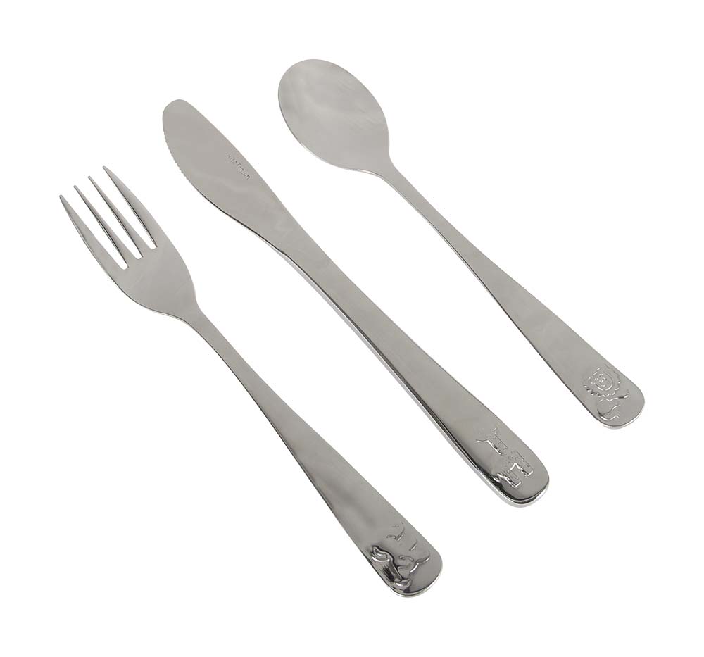 6918130 A stylish stainless steel cutlery set from the Kids line collection. The cutlery has a silver color and a small wildlife accent on the handle. With a soft touch handle so the cutlery is comfortable in the hand. The set consists of 1x a knife, fork and spoon and is also dishwasher safe. Dimensions: fork 17 cm, knife 18.5 cm and spoon 16.5 cm.