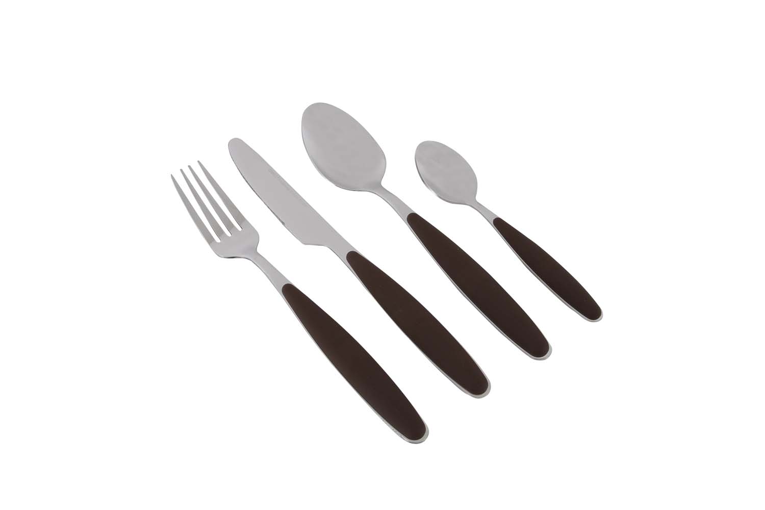 6919101 A stylish cutlery set made of stainless steel. The cutlery has a trendy brown color. With a soft touch handle so the cutlery is comfortable in the hand. The set consists of 4x a knife, fork, spoon and teaspoon and is also dishwasher safe. Matching the melamine dinnerware from Gimex. Dimensions: Fork 21.5 cm, knife 23 cm, spoon 21 cm, teaspoon 15 cm.