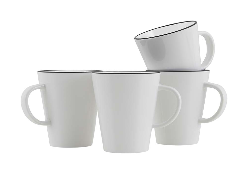 6962101 A stylish mug with a black edge from the Linea line collection. Made of high-quality 100% melamine, virtually unbreakable, and scratch-resistant. Comes in a set of 4 pieces. The mug is soundproof and hygienic due to the replaceable anti-slip solution. Additionally, the mug is lightweight, dishwasher-safe, and food-approved. Capacity: 350 ml.