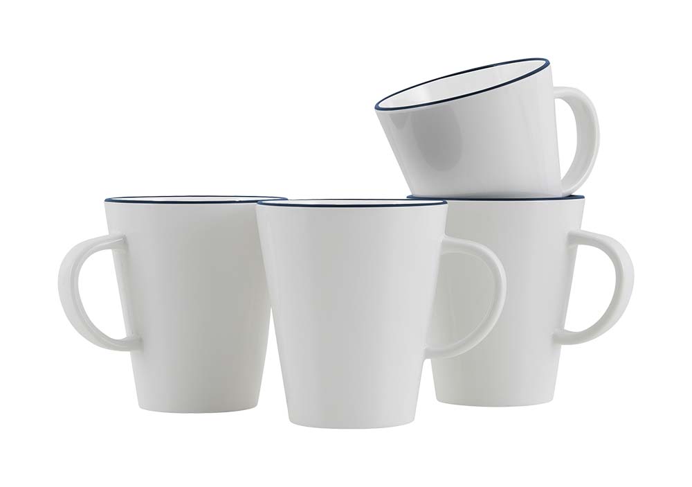 6962202 A stylish mug with a blue edge from the Linea line collection. Made of high-quality 100% melamine, virtually unbreakable, and scratch-resistant. Comes in a set of 4 pieces. The mug is soundproof and hygienic due to the replaceable anti-slip solution. Additionally, the mug is lightweight, dishwasher-safe, and food-approved. Capacity: 350 ml.