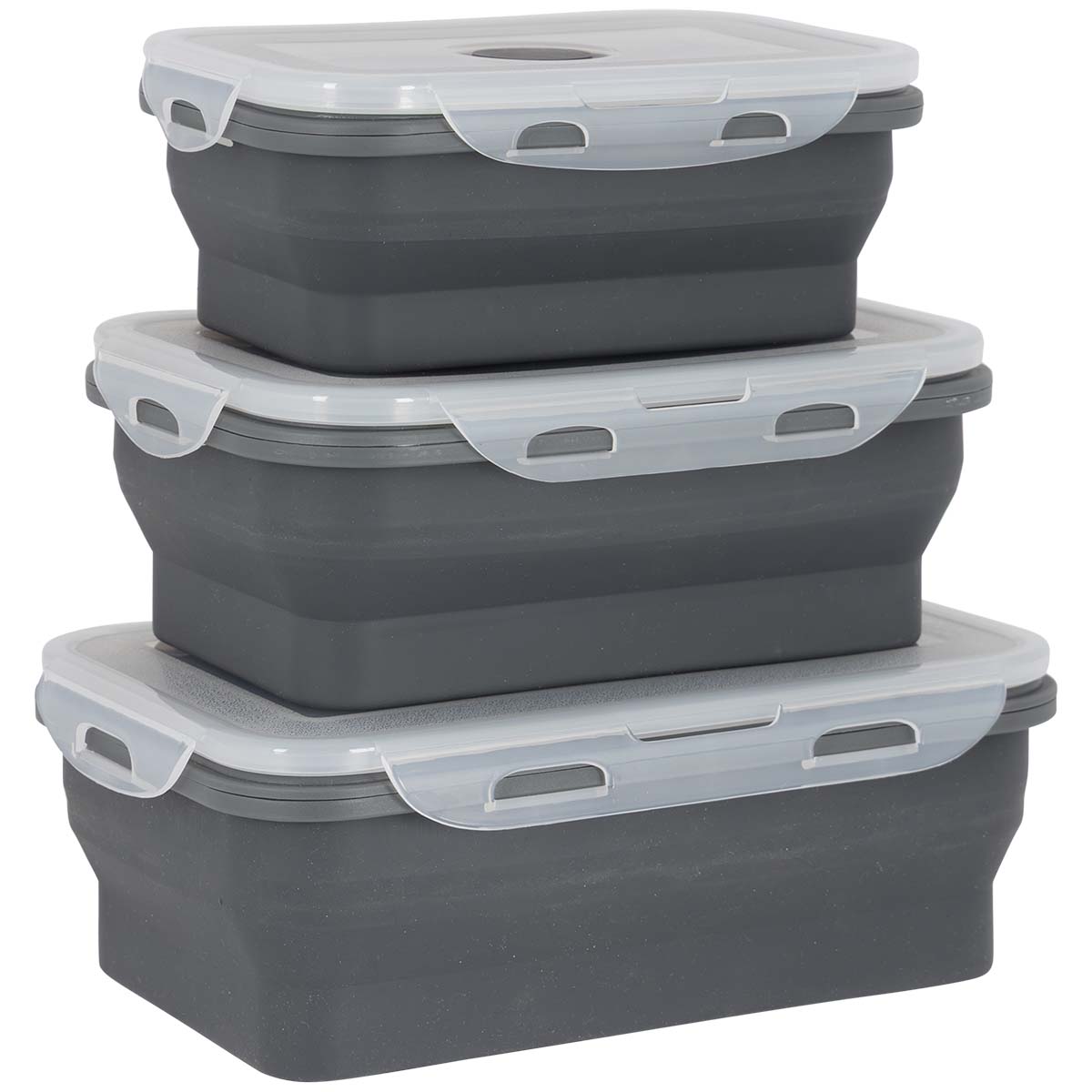 6966065 Een set van 3 siliconen opberg/bewaar bakjes van 700 ml, 1,1 liter en 1,7 liter. Ideaal om eten in verst te houden. Door het siliconen zeer compact op te bergen.