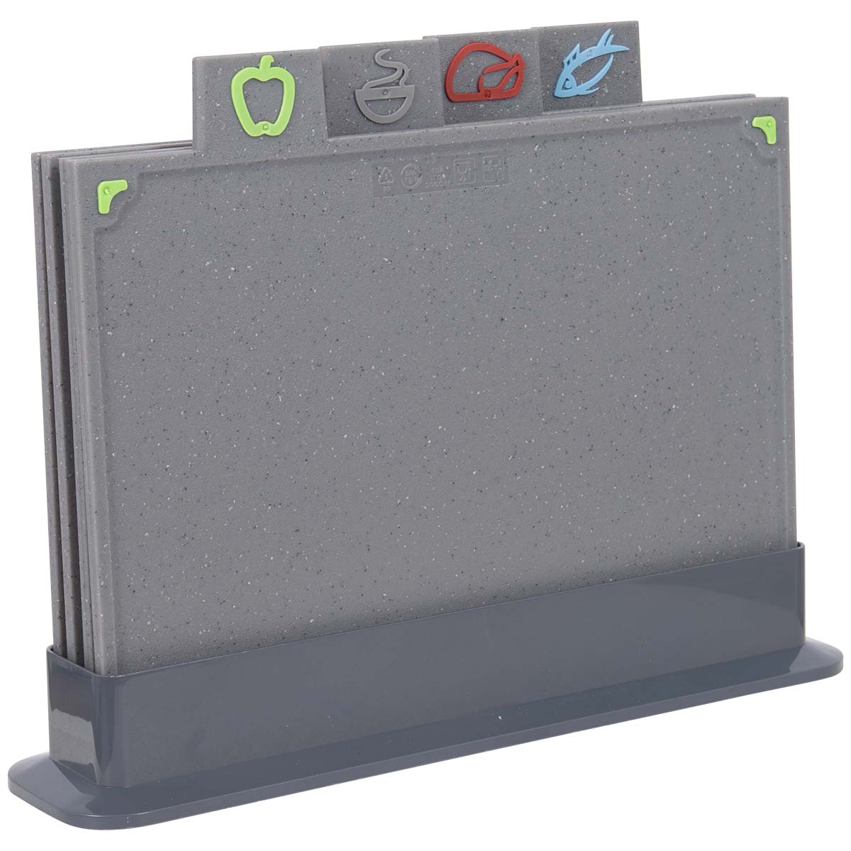 6966071 Een praktische snijplankenset. Deze set bevat vier stevige snijplanken van PP-materiaal, perfect voor het bereiden van maaltijden. De set wordt geleverd met een handige houder die voorzien is van een anti-slip onderkant, waardoor de snijplanken altijd stevig blijven staan tijdens gebruik. Dankzij de verschillende planken kun je eenvoudig ingrediënten scheiden en kruisbesmetting voorkomen.