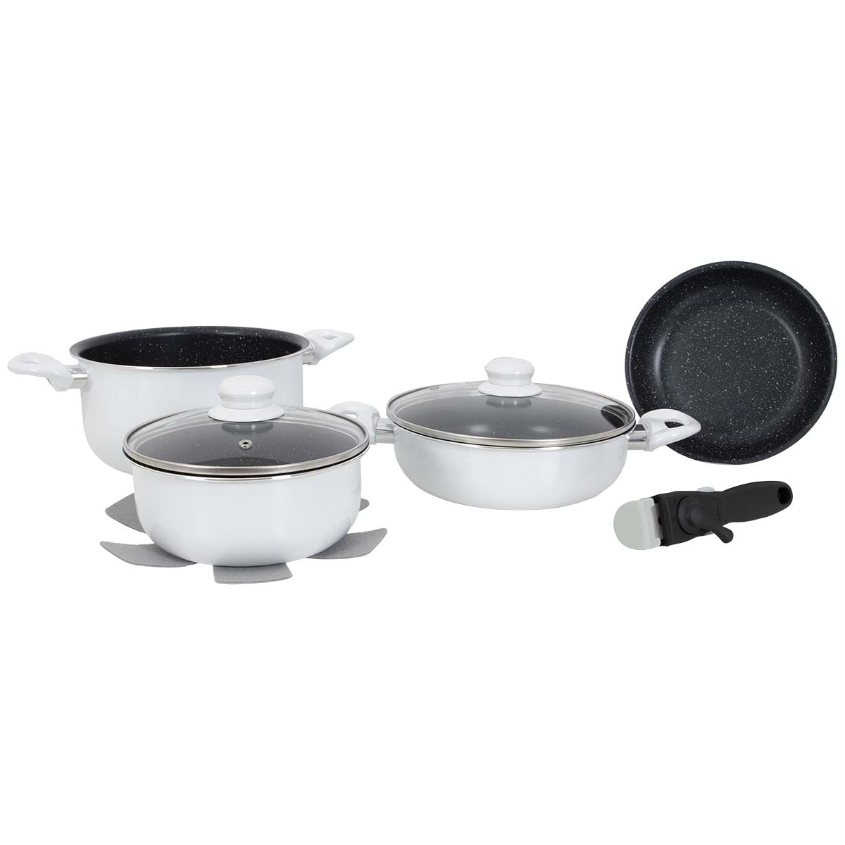 6977221 A 7-piece white pan set. Extremely suitable for induction hobs. Ideal for the caravan, camper but also for at home. With sturdy 3-layer non-stick coating. This set consists of: 3 saucepans Ø 24 cm - 4 L, Ø 23,5 cm - 2,2 L, Ø 19,5 cm - 1,7 L. Pan Ø 21,5 cm, and 2 lids Ø 23,5 and Ø 19.5 cm. In addition, this set is equipped with a safety handle with locking function. Including 3 pan protectors made from vilt.