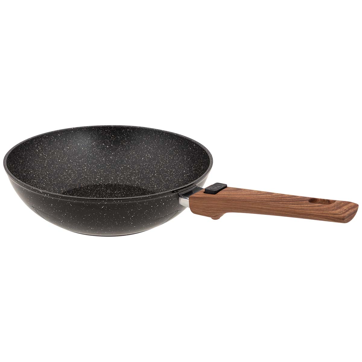 6979266 Koken op de camping wordt gemakkelijk met deze wokpan. Dankzij de stijlvolle houtlook afneembare handgrepen past hij makkelijk in je bagage of kampeerkeuken. De robuuste 3-laags antiaanbaklaag voorkomt aanbakken en maakt schoonmaken simpel. Geschikt voor inductie én andere warmtebronnen.