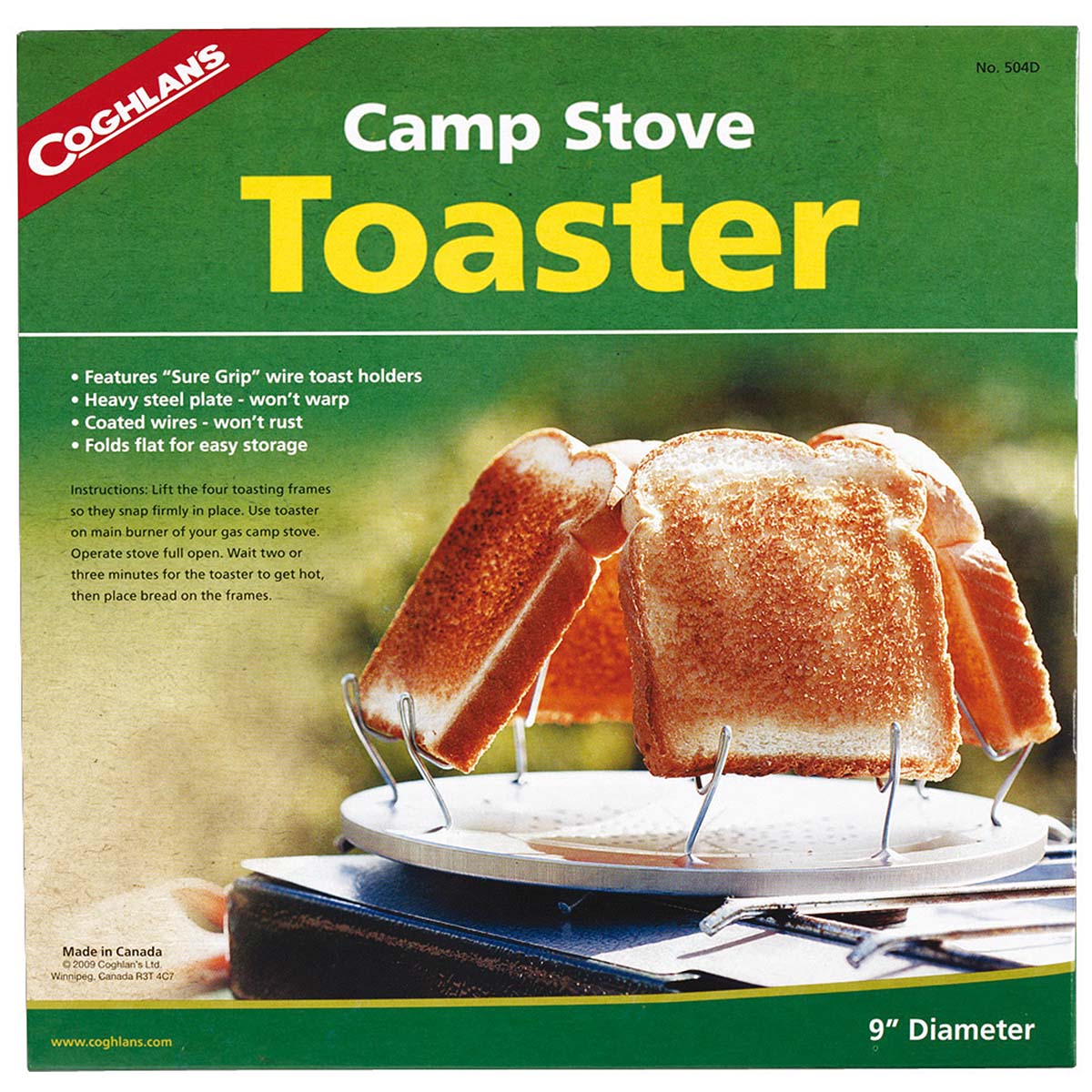 7690504 Der Original-Coghlans-Toaster für die Verwendung auf einem Gaskocher. Kann auf fast jedem Garbrenner platziert werden. Geeignet für das gleichzeitige Toasten von vier Scheiben Brot.