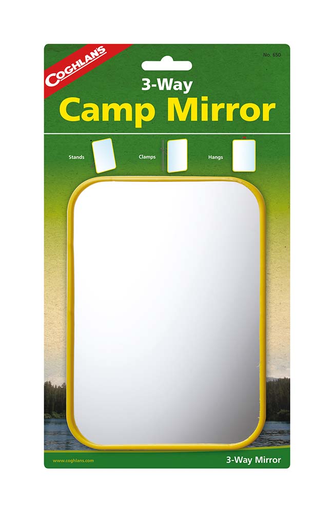 7690650 Der ideale Reisespiegel. Dieser Spiegel ist leicht, kompakt und in verschiedenen Positionen verwendbar. Er kann aufgestellt oder aufgehängt werden und zum Beispiel mit einer speziellen Halterung an der Zeltstange befestigt werden.