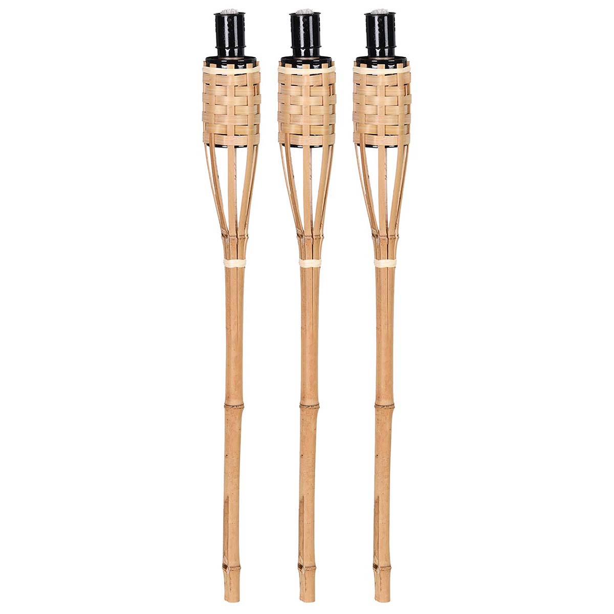 8208005 A set of 3 bamboo torches. Very easy to put in the ground. Stylish and very suitable for in the garden or on the campsite.