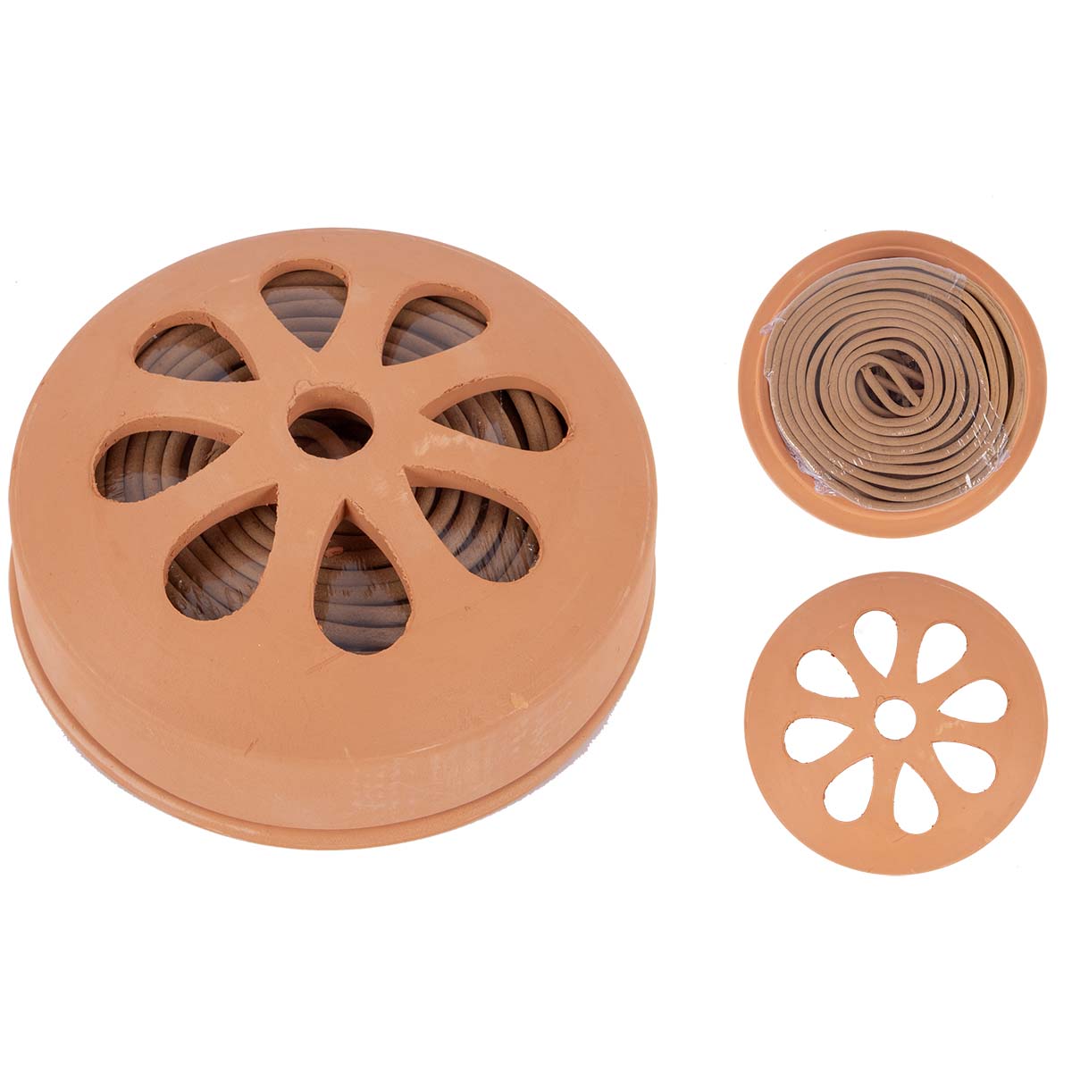 8208110 Clever spirals against insects. The spirals disperse an odour that keeps insects at bay. The spirals are nature-friendly and animal-friendly. A set consists of a terracotta holder and ten citronella spirals.