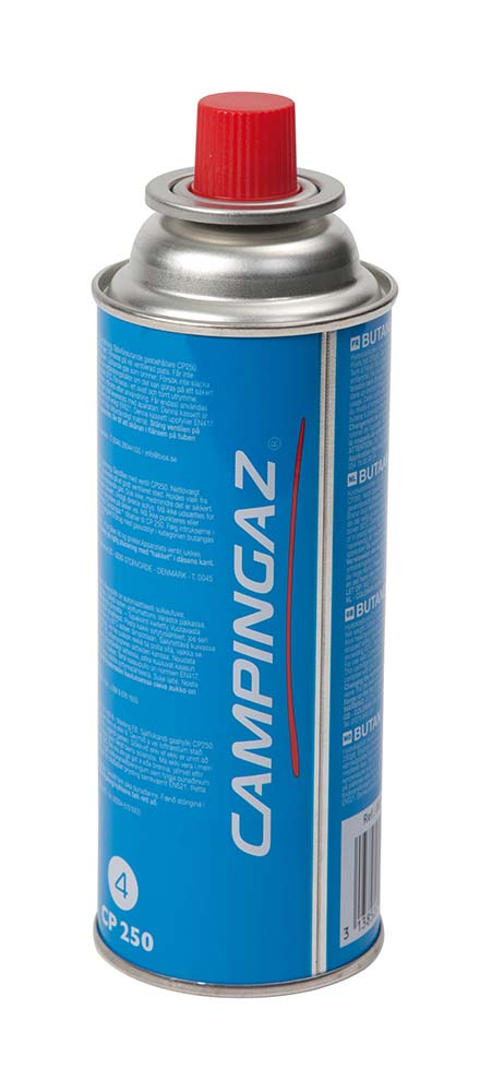 8822380 Eine Campingaz-Gasflasche. Durch die Kombination von Butan- und Propangas funktioniert diese Kartusche auch bei niedrigeren Temperaturen und/oder in großen Höhen. Füllgewicht: 250 g