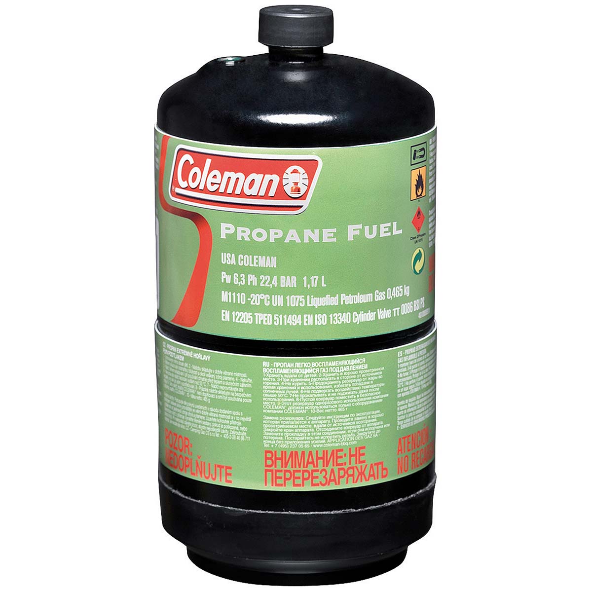 8904488 A propane cylinder. Suitable for Coleman lanterns and stoves that use propane gas. Also functions at a very low temperature and/or oxygen level. This means that the gas can be used at low temperatures and at higher altitudes. Filling weight: 465 grams.