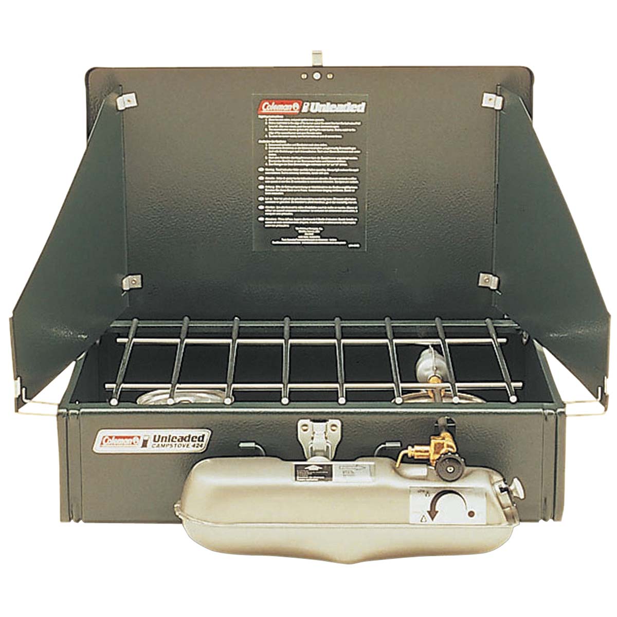 8939213 A compact and robust dual-burner stove. This petrol burner has a power of 4225 W, with which 1 litre of water can be boiled in 4 minutes. The two burners are integrated into a folding case with windscreens. In addition, the burners are sufficiently spaced apart to accommodate two large pans at the same time. The burner uses Coleman Fuel and unleaded petrol and the burn time is two hours when the tank is full. After use, the tank can be stored in the handy case (12x29x46cm). Including filler funnel.