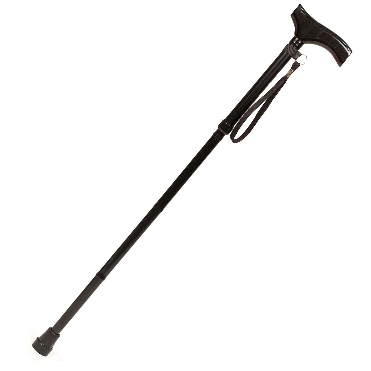 9210030 A collapsible walking stick. The stick is height adjustable and easily foldable. The walking stick has a wooden handle and comes with a storage bag and wrist strap.